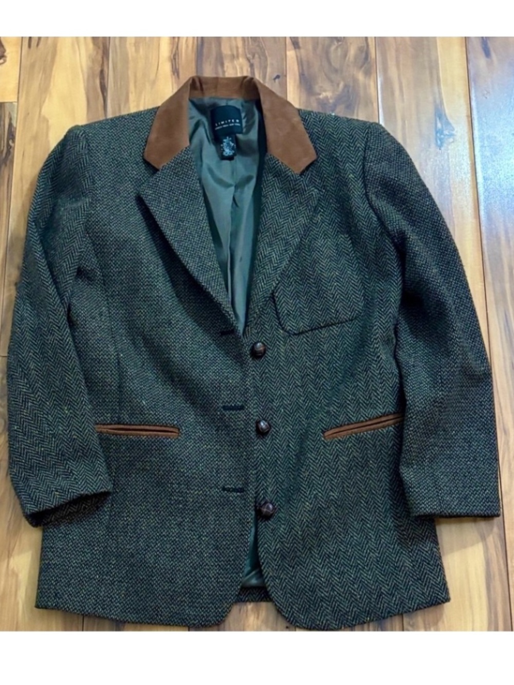 The Limited Green Herringbone Wool-Blend Blazer with Brown Suede Trim